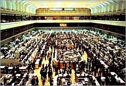 The former stock trading floor of Tokyo Stock Exchange with many stockbrokers