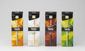 江崎グリコが発売する「ムースポッキー」。左から『クリーミー』『ホワイト』『ビター』『抹茶』