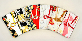 左から「扇面散らし文」「松竹梅文」「波文」「松喰い鶴文」「源氏車に葵文」「梅文」）