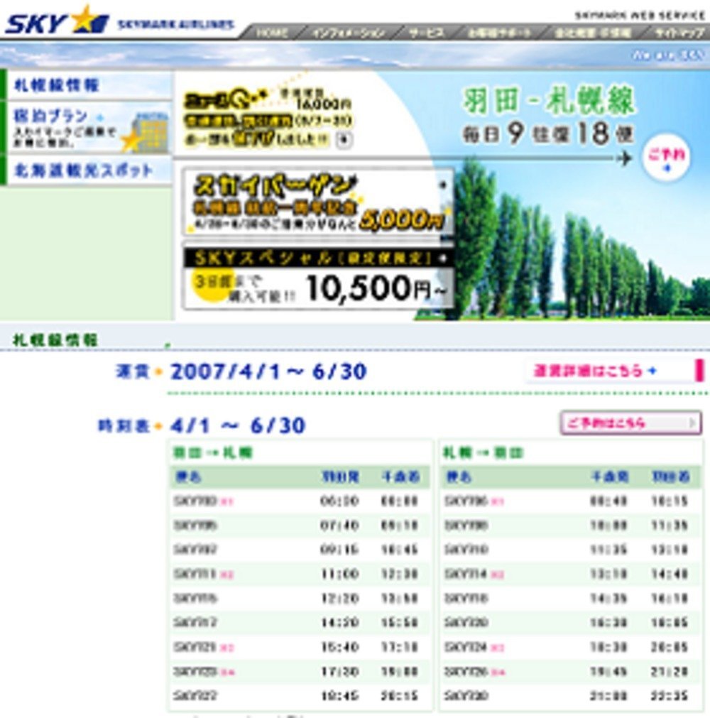 スカイマークのホームページ。5,000円バーゲンを伝えている。