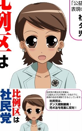 社民党が投稿した「美少女」福島瑞穂党首の画像（下）／拡大したもの（上）。まるでアニメキャラだ