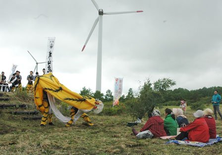 祭りでは大槌城山虎舞が勇壮に舞われました＝2014年6月15日、大槌町の新山高原