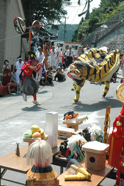 神輿渡御の御旅所で舞う虎舞=2014年8月24日、大槌町吉里吉里