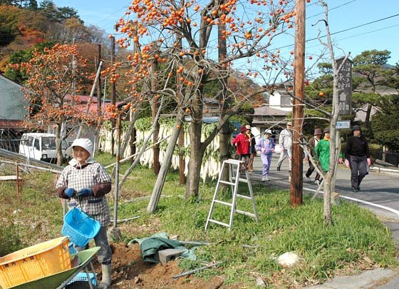 深まる秋の光景を見ながら散歩する参加者＝2014年11月8日、大槌町小鎚