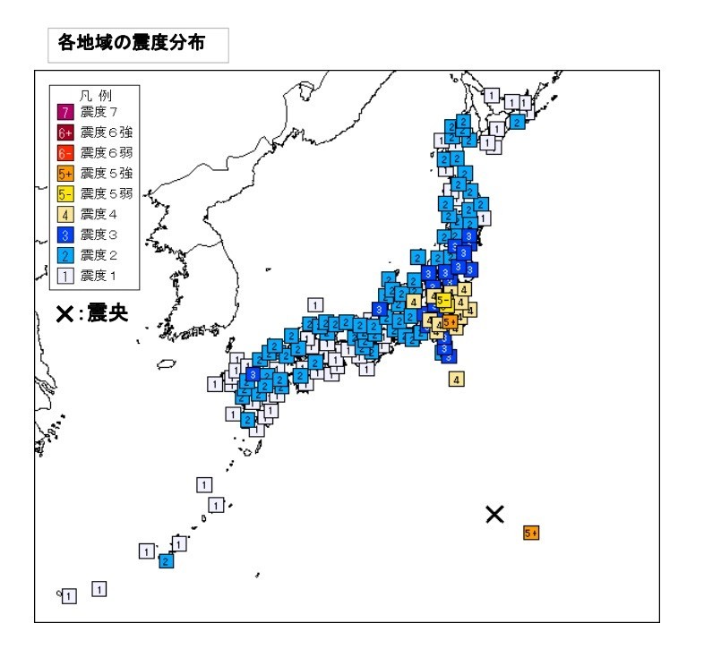 全47都道府県で震度1以上の揺れが観測された（図は気象庁の発表資料から）