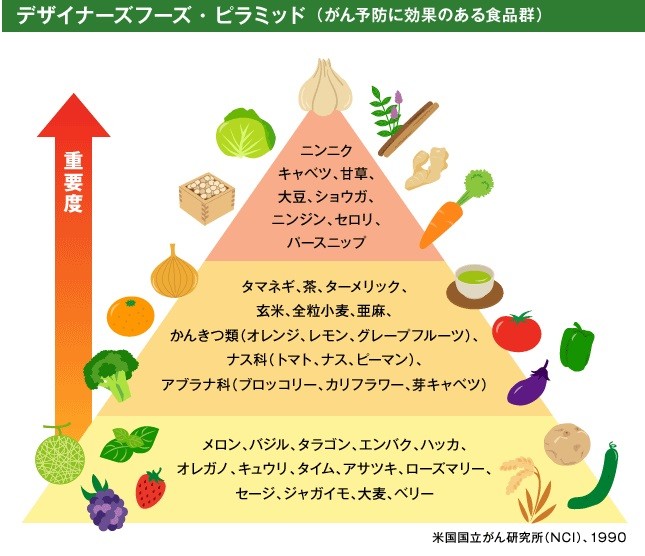 米国国立がん研究所が発表した「がん予防に効果がある食品群」のデザイナーフーズ・ピラミッド（図は編集部作成）。上に行くほど重要度が高く、にんにくは頂点に