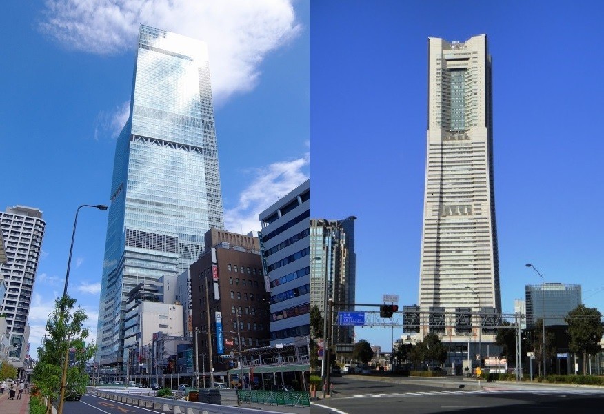 「あべのハルカス」（左）に抜かれるまで日本一だった「横浜ランドマークタワー」（右）も三菱地所が開発した