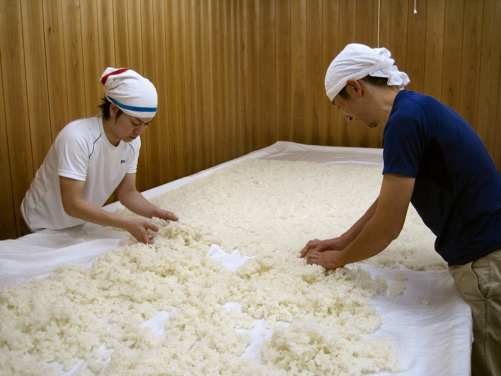 麹室（こうじむろ）で麹造りの作業