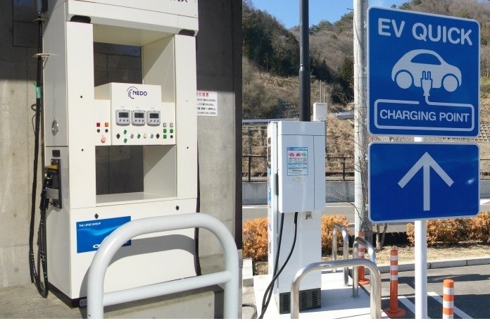 水素ステーション（左）は、数の上で電気自動車の充電器（右）に大きく水をあけられている