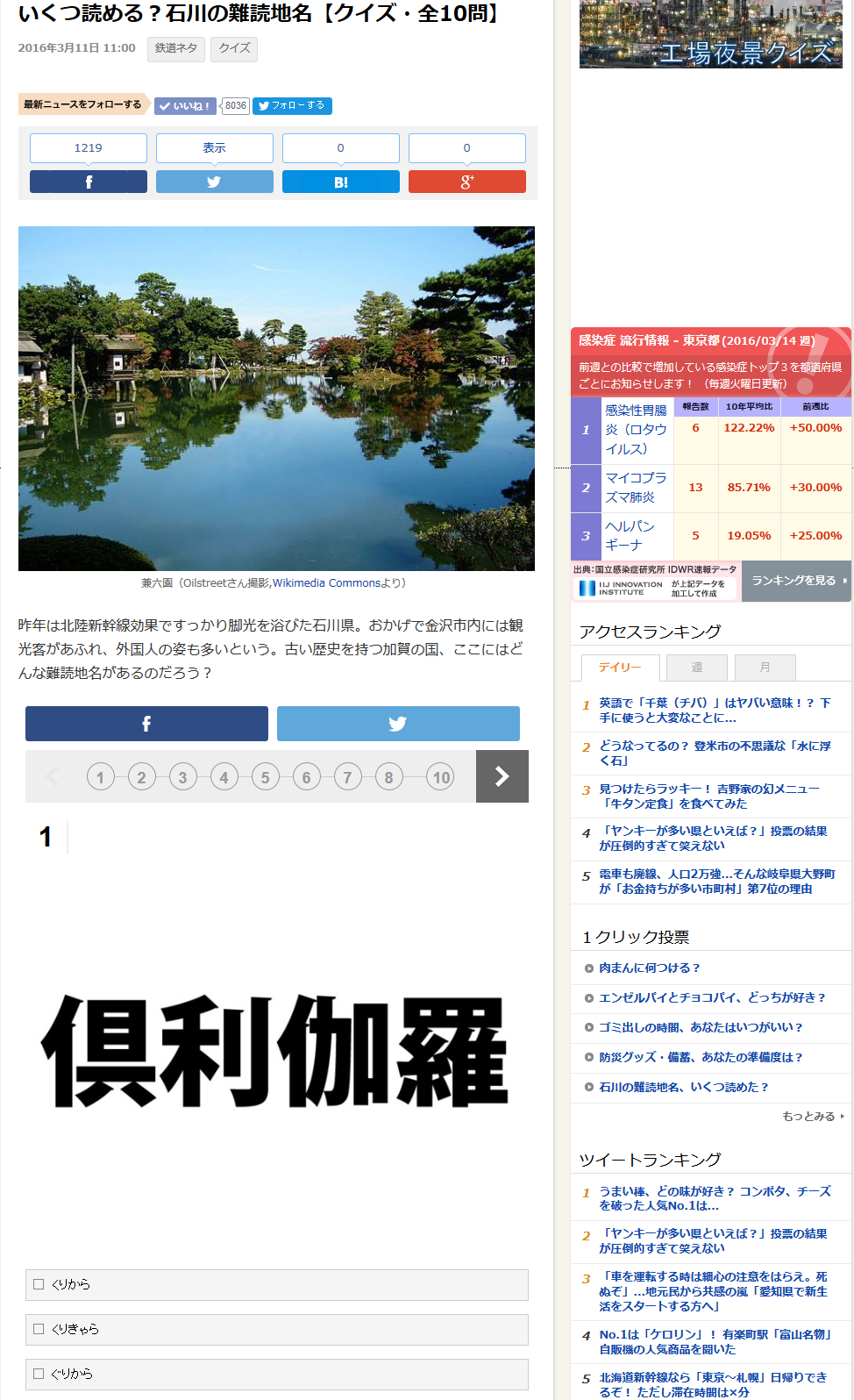 クイズサイトには、作成した問題をメディアやブログなどに貼り付けられるものも多い。画像は、トイダスのクイズを貼り付けたJタウンネット