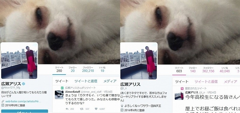 左は広瀬アリスさんの公式ツイッターアカウント、右はなりすましアカウント