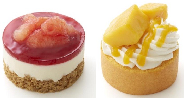 「やさしい豆乳スイーツ レアチーズ風 グレープフルーツ＆ブラッドオレンジソース」(左)と「やさしい豆乳スイーツ マンゴーロールケーキ」