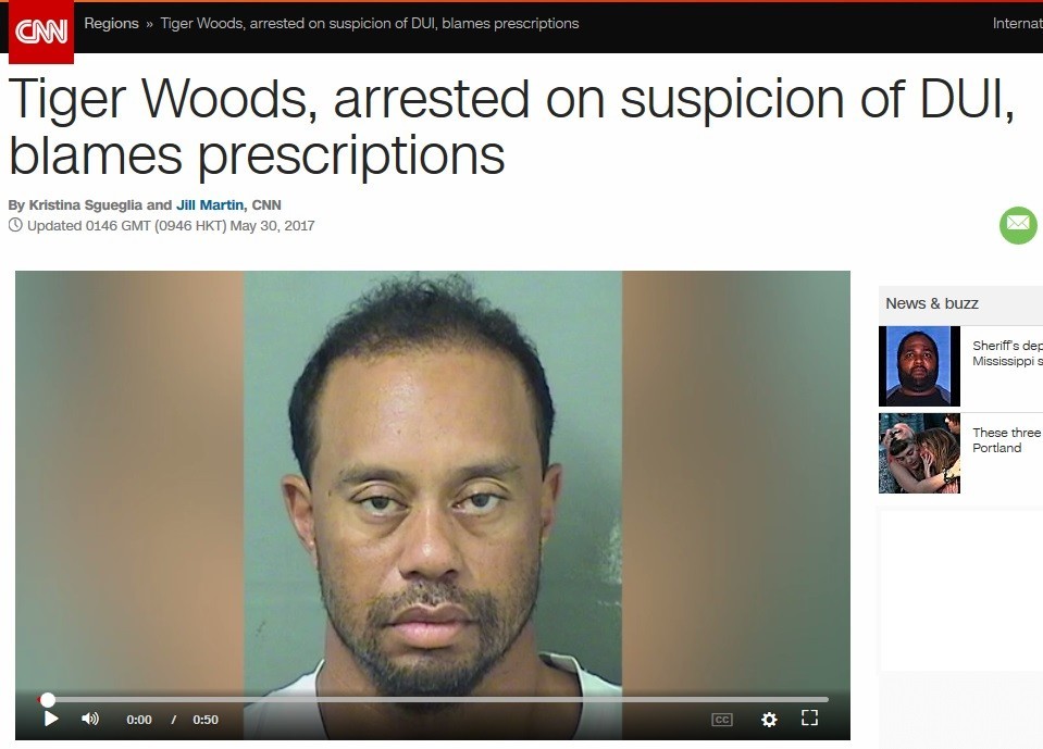 タイガー・ウッズの逮捕が報じられた（画像は米CNNサイトから。編集部で一部加工） 