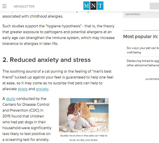 「ペットが行う心身の健康高め方」を特集したMTNの記事