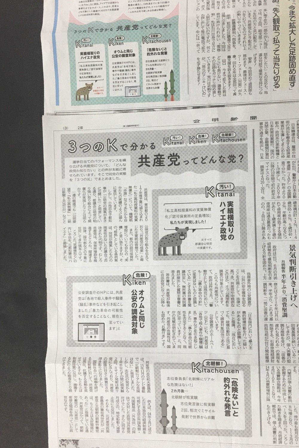 ツイッターに批判が相次いだ翌日、公明新聞はスペースを拡大して「3つのK」を改めて解説した。上のカラー部分が6月20日の紙面、下のモノクロ部分が6月22日の紙面