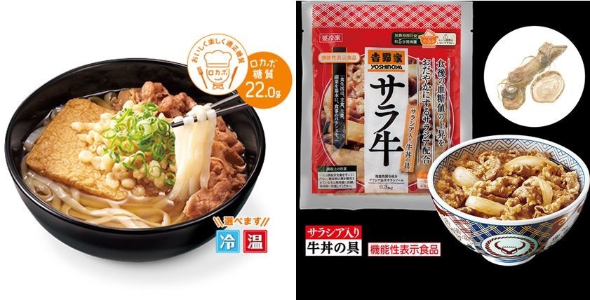 すき家の「ロカボ牛麺」（左）と吉野家の「サラシア牛丼」（画像はすき家と吉野家の公式ホームページより）