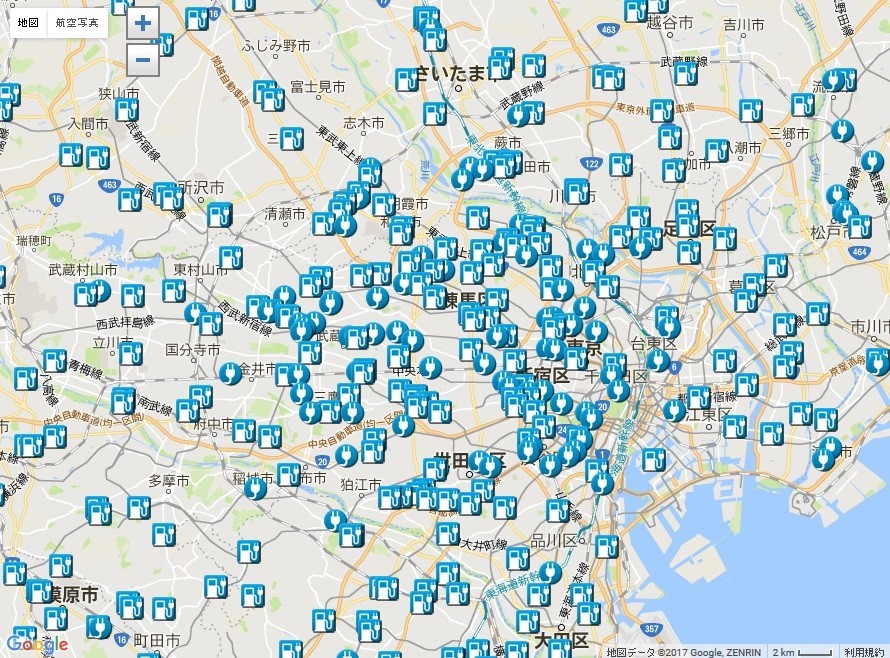 例えば、東京近郊にはこれだけの充電スポットがある（C）Google、ZENRIN／画像は日産公式ウェブサイトより 