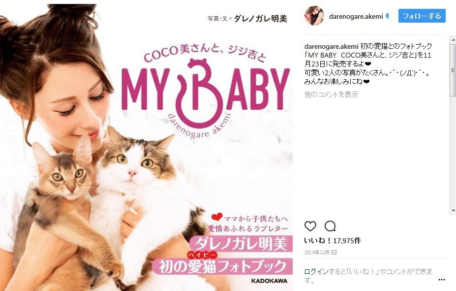 愛猫とのフォトブックを出版しているダレノガレ明美さん（画像は公式インスタグラムのスクリーンショット）