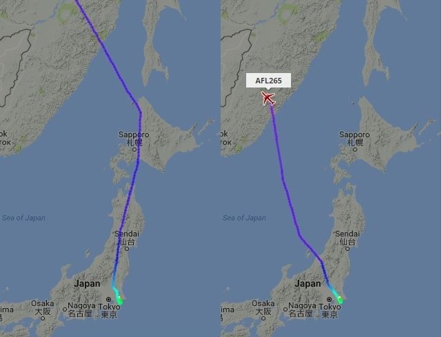 9月7日に日本を出発して欧州に向かうスイス国際航空便（左）とアエロフロート航空便（右）。航空会社によってルートを変更するかどうか対応が分かれている（写真は航空機の位置を表示するウェブサイト「フライトレーダー24」から）
