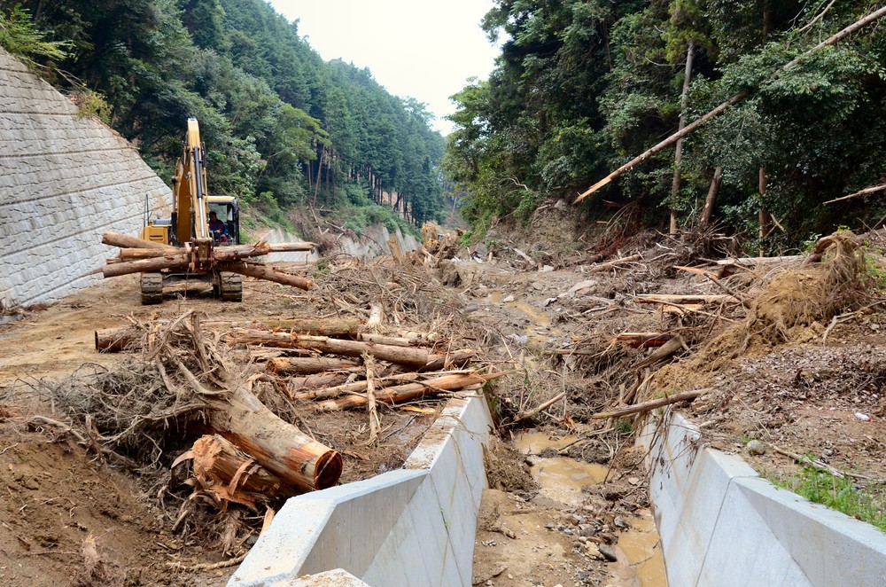 大量の流木で通行止めとなったままの道路
