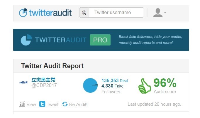 立憲民主党アカウントが紹介した「Twitter Audit」の検証結果ページ
