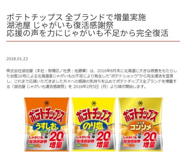 湖池屋「感謝」のポテチ増量だけど...　昔はもっと、量多くなかった？