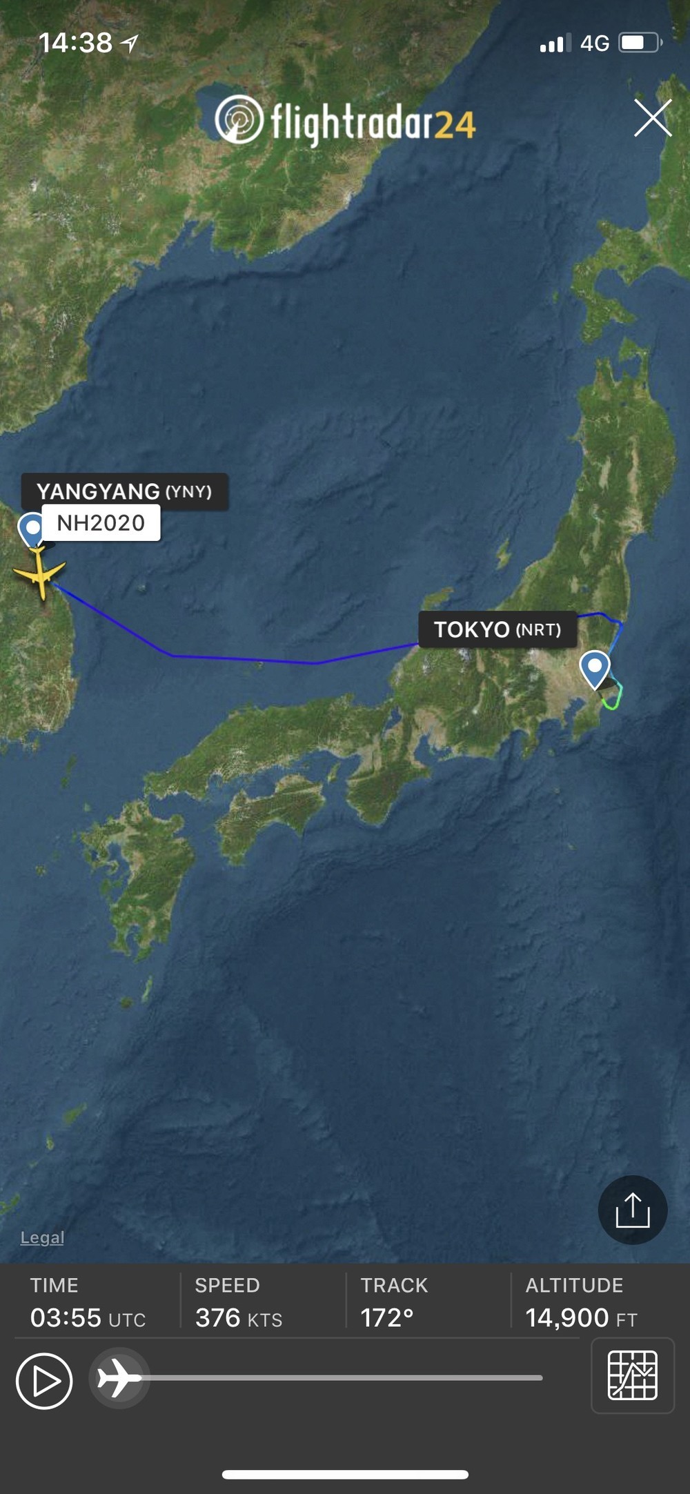 選手団は「NH2020」便で帰国した（写真は航空機の位置を表示するウェブサイト「フライトレーダー24」から）
