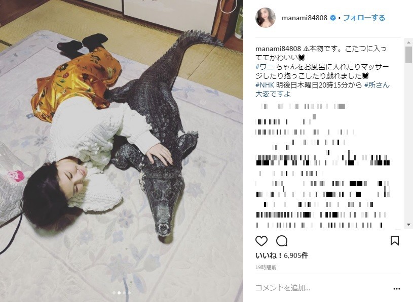 ワニと添い寝（画像は橋本さんインスタグラムより）