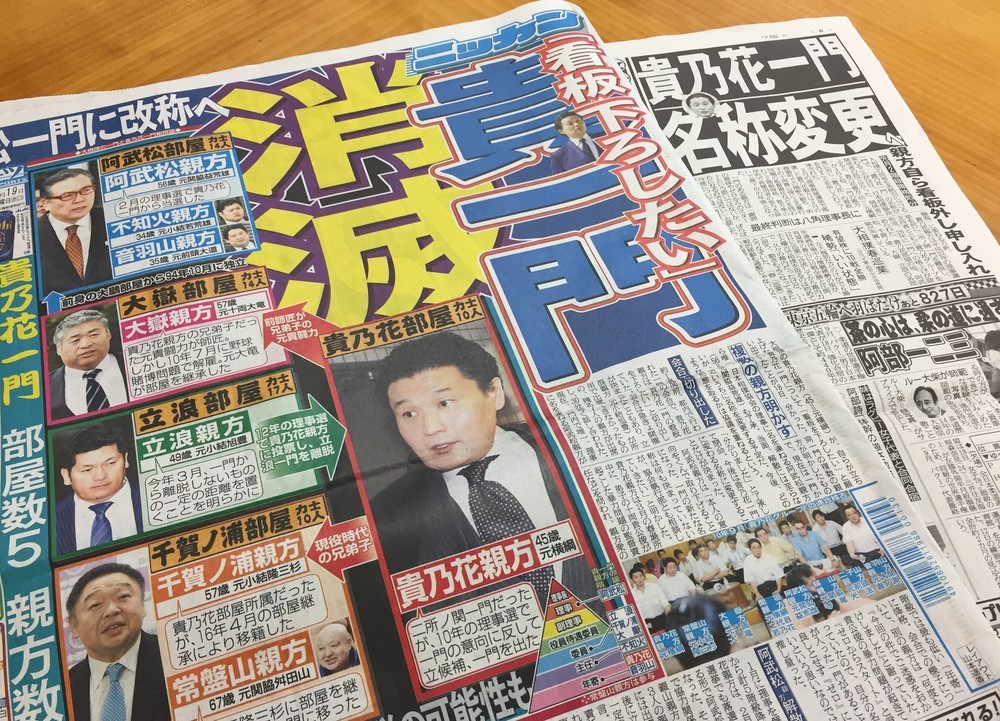「貴乃花一門」の看板をおろし名称変更する、と報じる4月19日の日刊スポーツとサンケイスポーツ