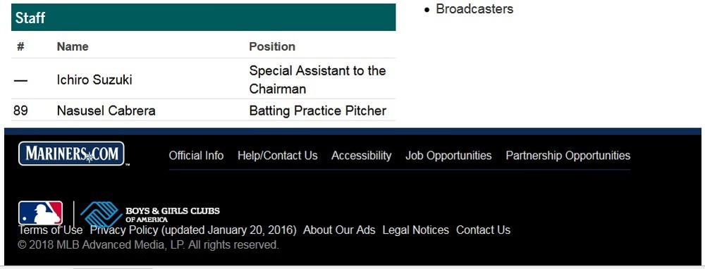 マリナーズ公式サイトでは、イチローの名前が「会長特別補佐」として「スタッフ」一覧の中にある