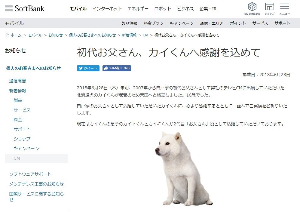 初代お父さん犬「カイくん」死去　実は息子たちが「2代目」だった