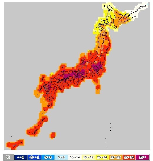 7月16日の日中の最高気温予想（気象庁のホームページより）