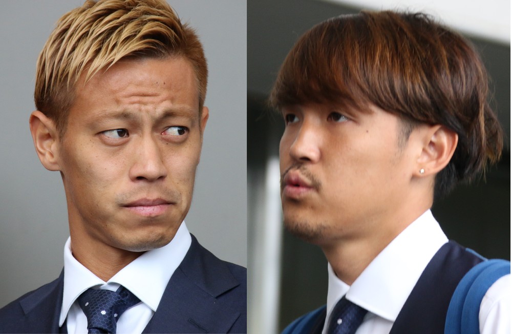 ロシアW杯日本代表の本田圭佑選手（左）と宇佐美貴史選手
