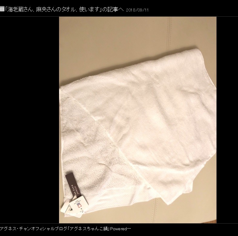 麻央さんから貰ったというタオル（画像はアグネス・チャンさんのブログより）