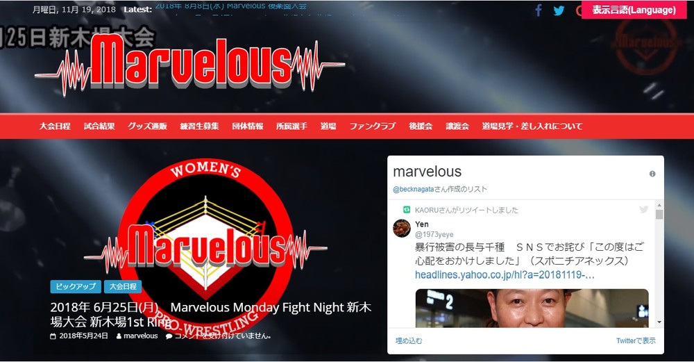 長与千種さんはプロレス団体「Marvelous（マーベラス）」の代表を務めている（同団体の公式サイトより）

