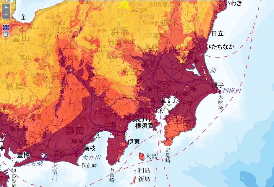 J-SHISより。地震動予測地図。東京はご覧のとおり真っ赤。（C）国立研究開発法人防災科学技術研究所