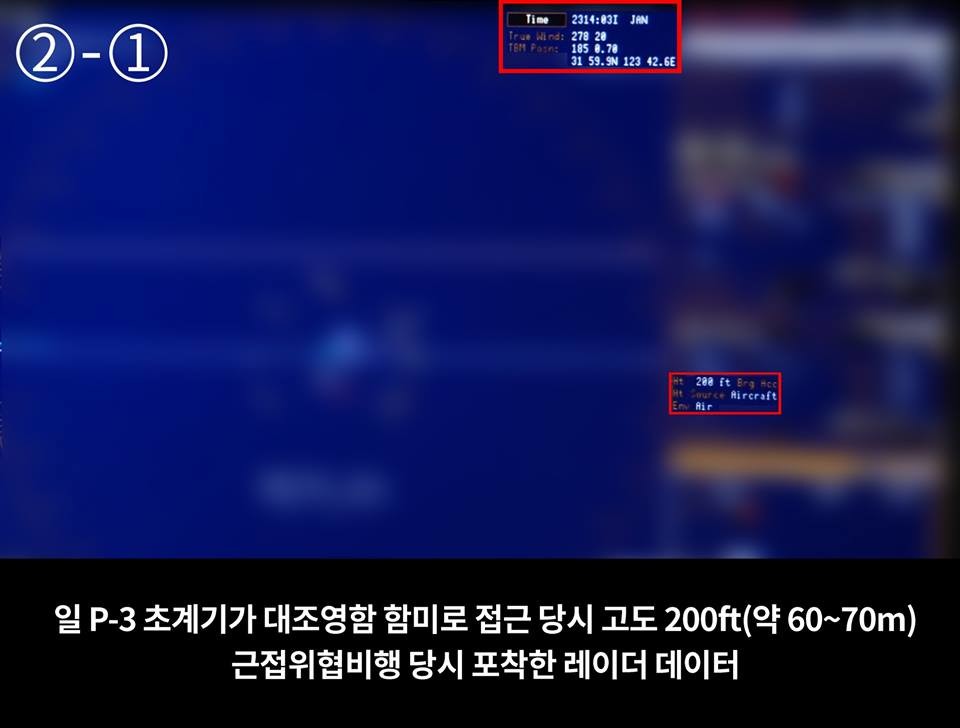 韓国国防省が「近接脅威当時補足したレーダーデータ」として示した写真。「200 ft」という表示をめぐり波紋が広がっている。