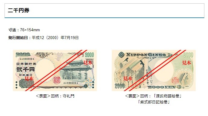 2000円札の見本（日本銀行のサイトから）