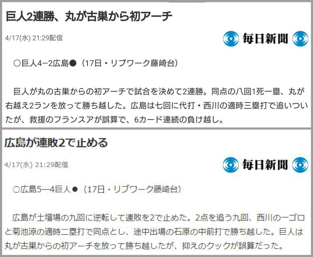 巨人敗戦なのに「2連勝」　毎日新聞が記事修正、「作業ミス」とお詫び