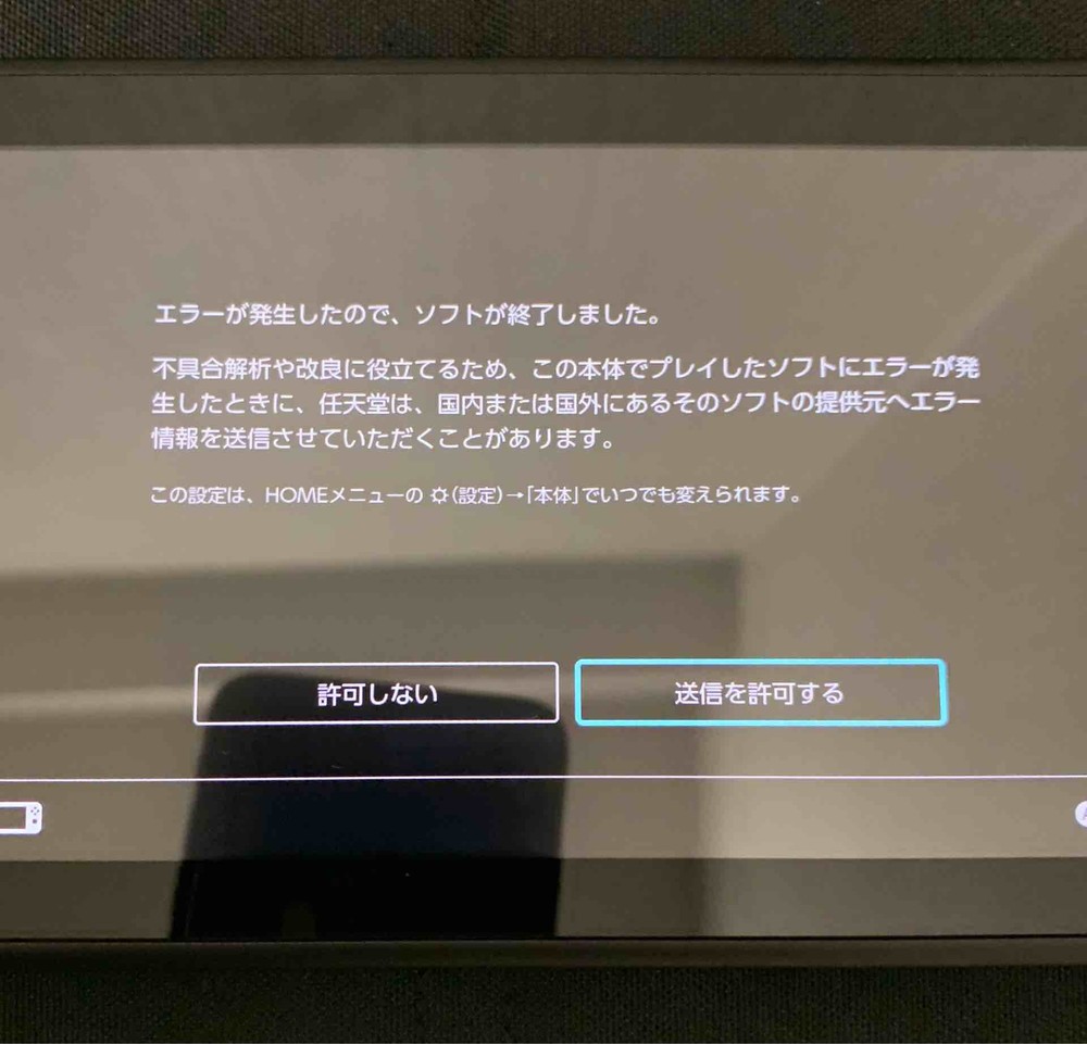 プレー中に表示された強制終了エラーの画面（提供：れんじ(＠rangepaper)さん）