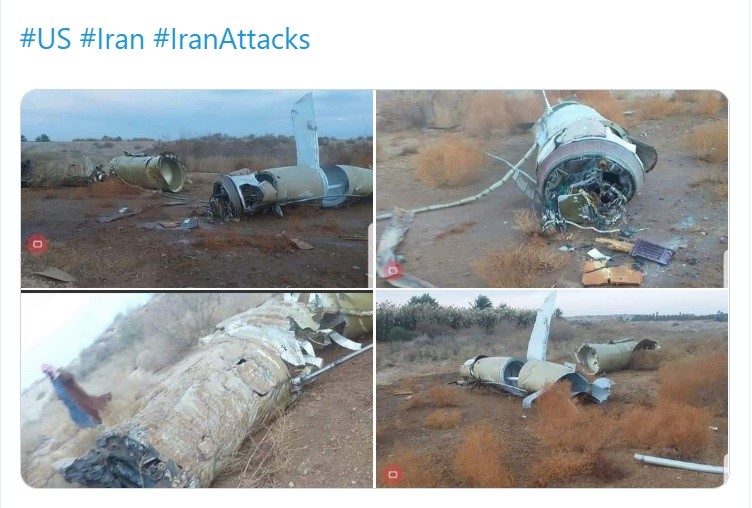 ミサイルの残骸がアサド空軍基地から30キロ離れた場所で発見された。キアム型とみられるという（写真はイラク諮問評議会（IAC）のファハド・アラアルディン議長のツイートから）