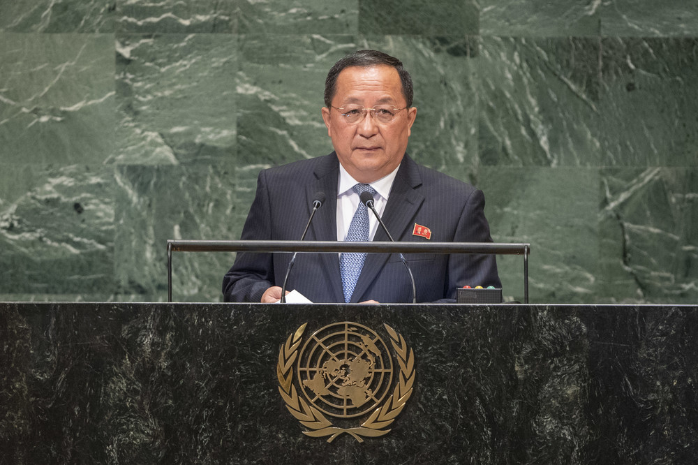 2018年9月の国連総会で演説する北朝鮮の李容浩（リ・ヨンホ）外相。最近になって交代させられたとの見方が出ている（UN Photo/Cia Pak）