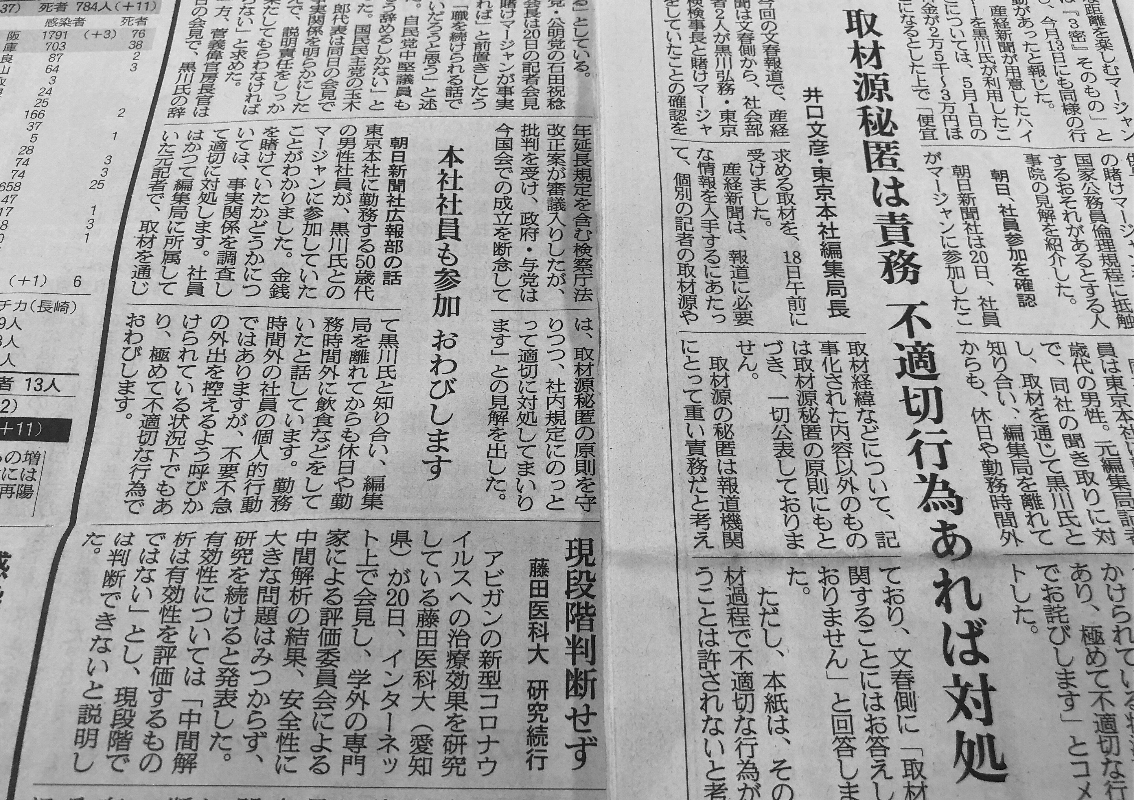 黒川氏「進退」、産経だけ朝刊で伝えず　同じ「当事者」朝日と比べると
