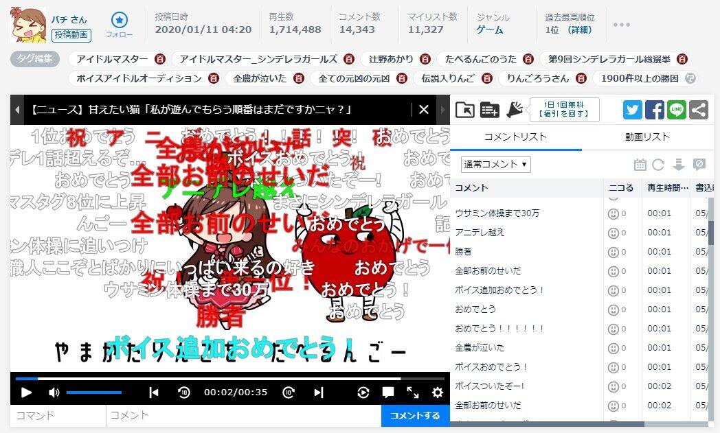 話題を呼んだ「たべるんごのうた」（ニコニコ動画より）。コメント欄は「祝勝会」状態だ

