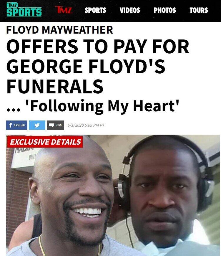 フロイド・メイウェザー氏、葬儀費用に8万8500ドル小切手　米黒人男性暴行死事件