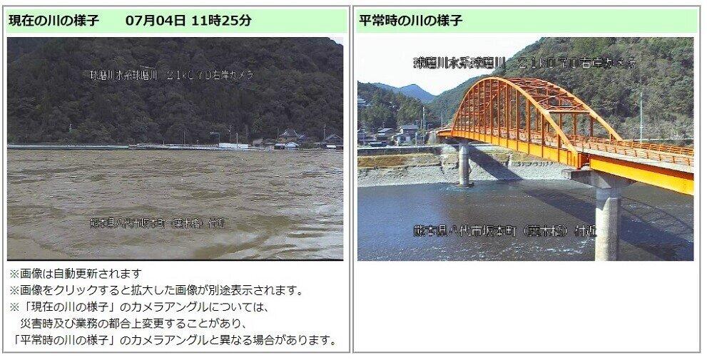 国土交通省九州地方整備局のライブカメラに映る球磨川の様子