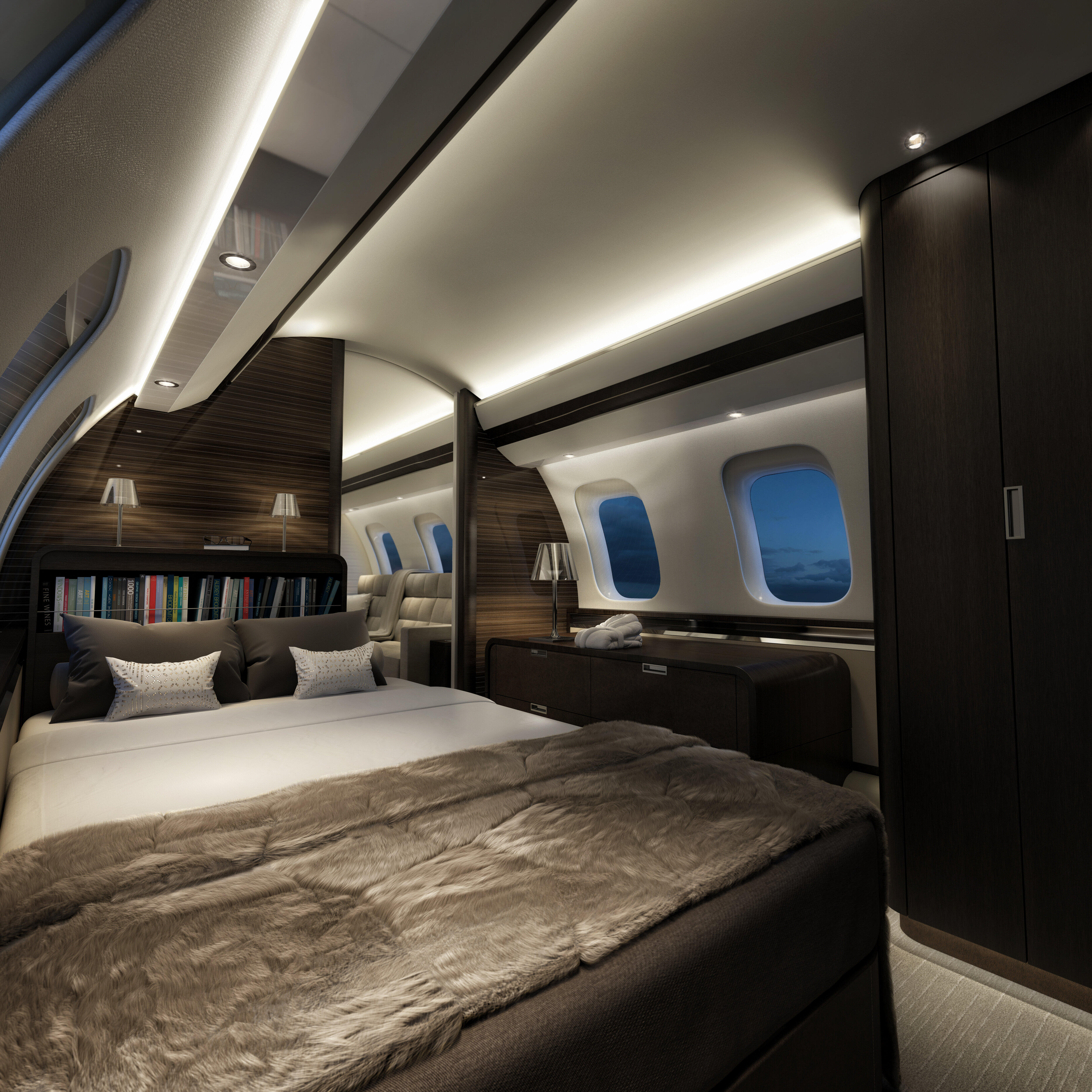 乗客十数人が乗れるボンバルディア製「Global 7500」は機内にベッドも備え付けている（ANAビジネスジェット提供）