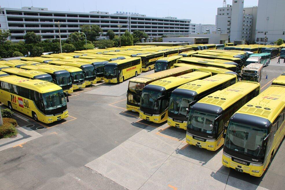 「はとバス」の本社にある駐車場では観光バス100台超が隙間なく「待機」していた（2020年8月25日、東京都大田区）