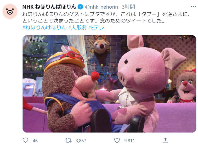 ゲストの「ブタ変身」演出、NHK・Eテレ番組が意図説明　ねほりんぱほりん公式「念のためのツイートでした」