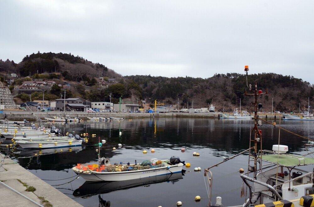 女川原発の東側にある寄磯地区。写真左側の高台に集落が見える